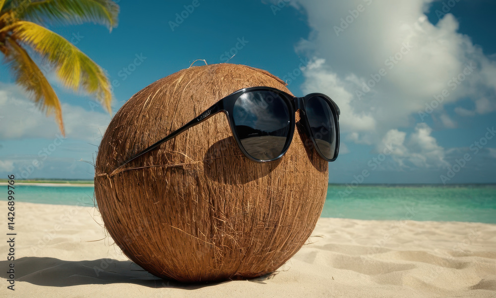 A coconut wearing sunglasses sits on a sunny beach