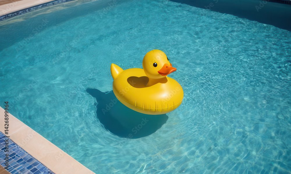 A bright yellow rubber duck floats on the surface of a calm pool, perfect for a fun and playful atmosphere