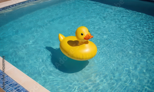 Obraz na płótnie A bright yellow rubber duck floats on the surface of a calm pool, perfect for a fun and playful atmosphere w salonie