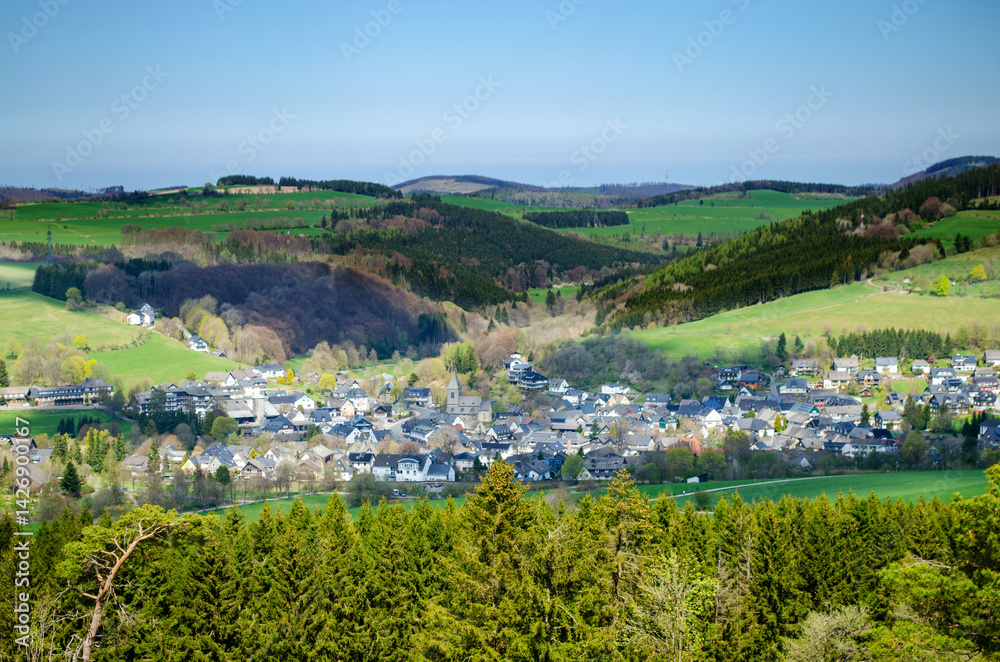 Traditional German village in scenic green hills