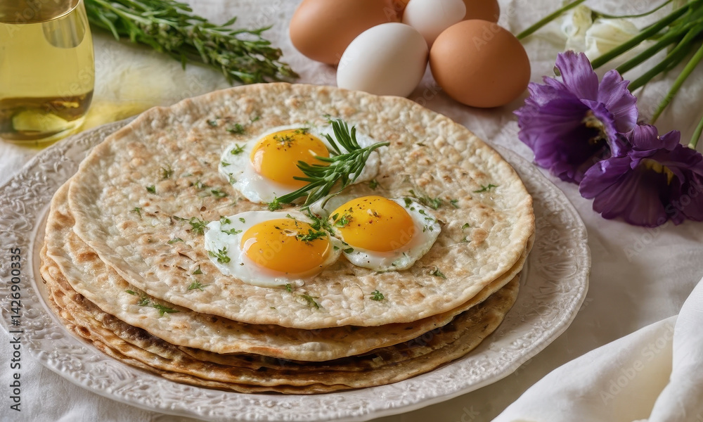 A stack of flatbreads topped with scrambled eggs, great for a quick breakfast or brunch