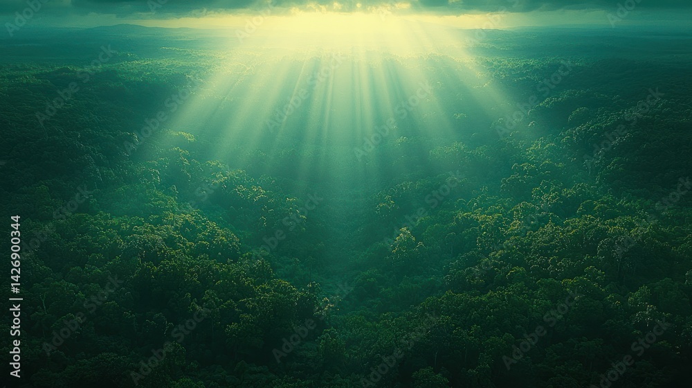 Obraz premium Verdant forest canopy bathed in sunlight