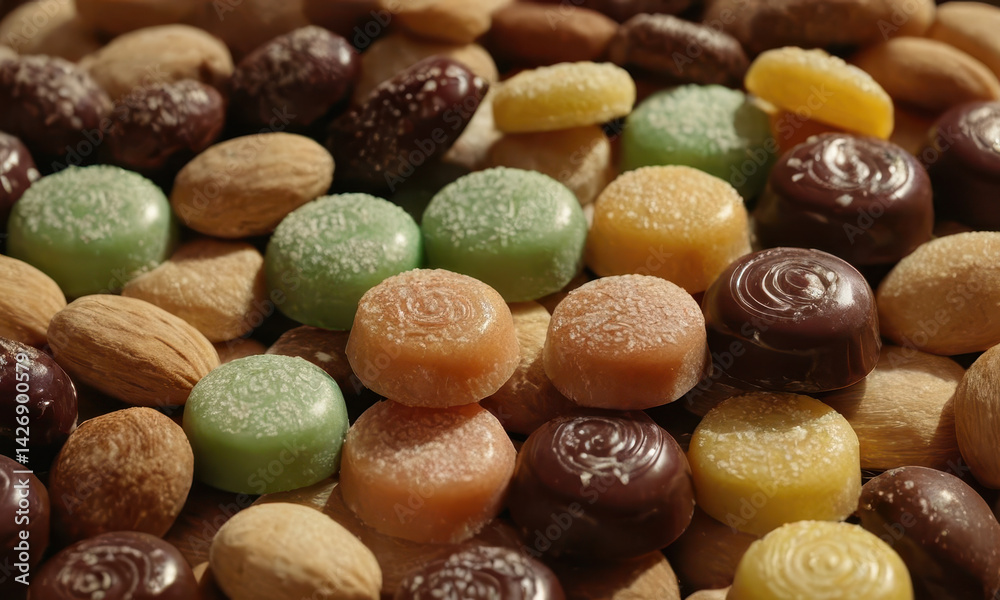 A colorful mix of candies and nuts arranged in a heap
