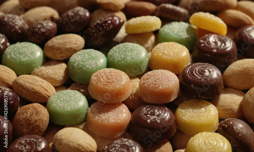 Obraz na płótnie A colorful mix of candies and nuts arranged in a heap w salonie