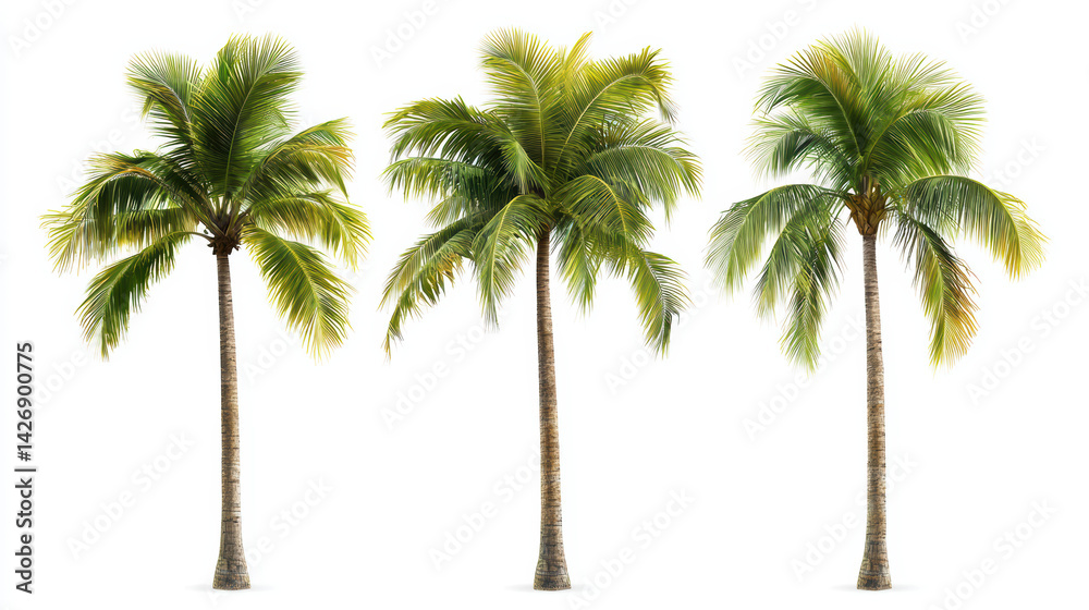 Obraz premium Three isolated palm trees stand gracefully against a stark white background, their fronds casting subtle shadows beneath a bright, tropical sunlight environment.