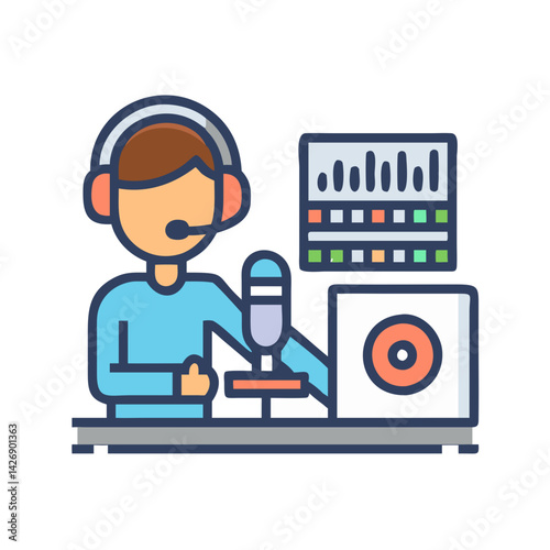 Podcast Host Broadcasting Live from Recording Studio Illustration
