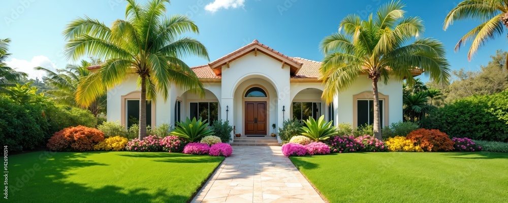 Luxurious Florida house exterior with tropical front garden. Palm trees, short green grass. Summer vacation vibes, sunny day. Home entrance, real estate property, architecture, design. Family