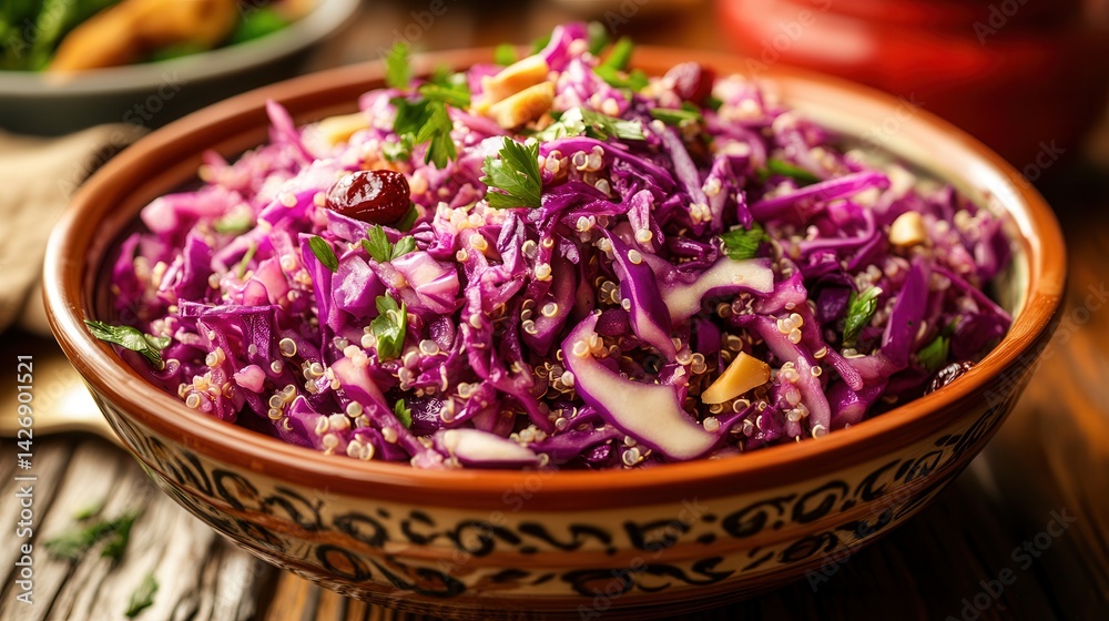 A vibrant bowl of cabbage salad mixed with quinoa, cranberries, and nuts, showcasing a healthy and appealing vegan food concept. A vibrant bowl of cabbage salad mixed with quinoa, cranberries, and nuts, showcasing a healthy and appealing vegan food concept.