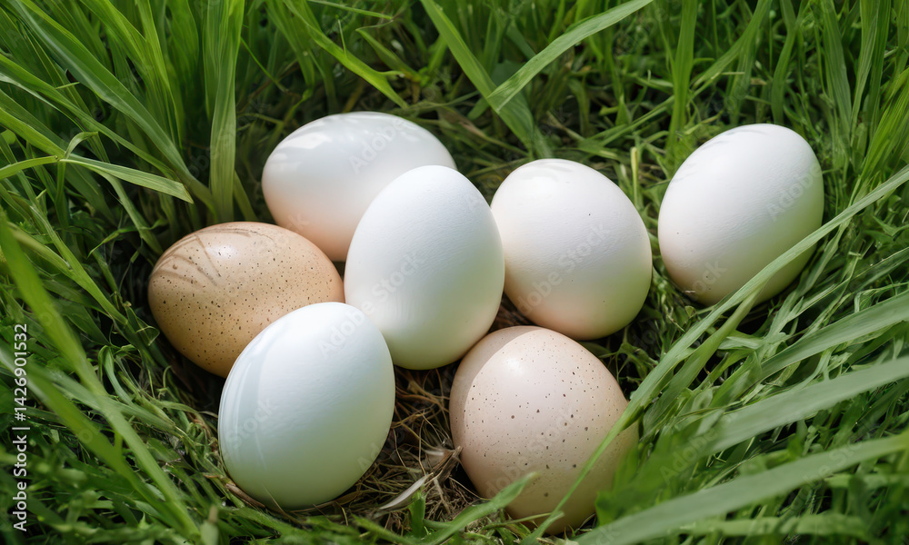 A group of eggs sit on top of a lush green field, perfect for photography or illustration A group of eggs sit on top of a lush green field, perfect for photography or illustration