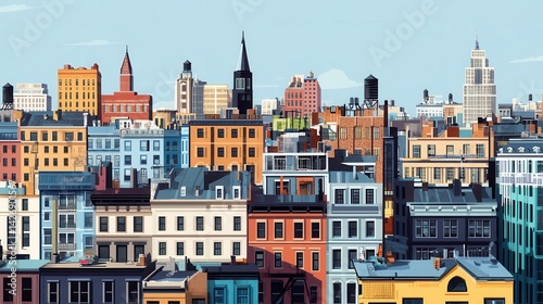 Wallpaper Mural A vibrant cityscape illustration featuring a densely packed skyline of buildings and towers, showcasing a mix of modern skyscrapers and classic architectural designs. Torontodigital.ca