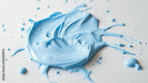 A splash of blue paint on a white surface. The paint is wet and has a slightly textured appearance