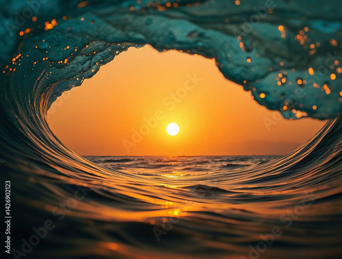 a dynamic ocean wave curling towards the viewer. The wave forms a natural frame around a stunning sunset, with the sun positioned centrally in the background, casting a warm, golden glow across the ho