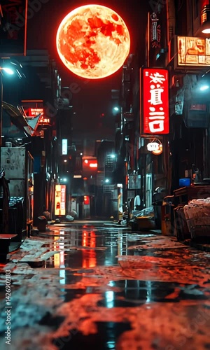 Neon-lit cityscape street at night with a big red moon reflecting on the wet ground