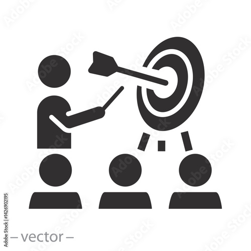 target mission manager, business plan presentation icon, training  people for objective goal, teacher workshop outline, flat vector illustration
