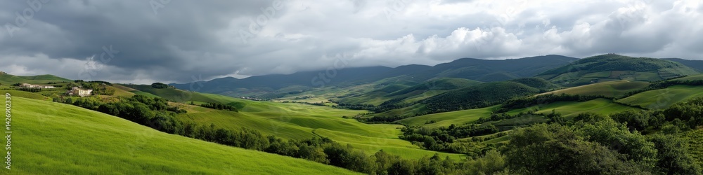 Fototapeta premium A large, lush green hillside with a cloudy sky in the background. The sky is overcast, giving the scene a somewhat somber mood