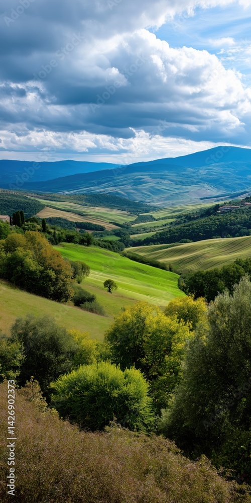 Obraz premium A beautiful landscape with a cloudy sky and mountains in the background. The trees are green and the hills are covered in grass