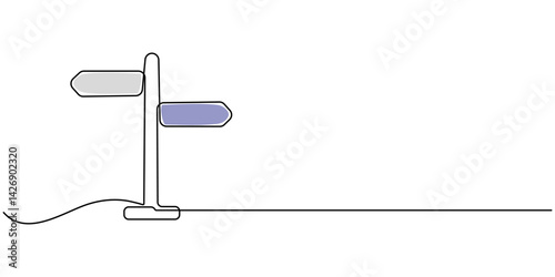 One Continuous line drawing of Road direction signpost arrows to the right and left isolated on white. Pointer symbol in liner style. Vector illustration for web banner, design template, postcard. 