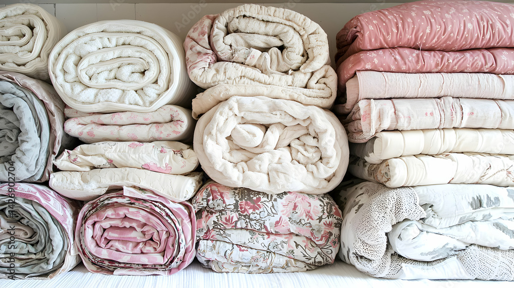 Fototapeta premium Stacked Rolls Of Fabric In Various Pastel Colors