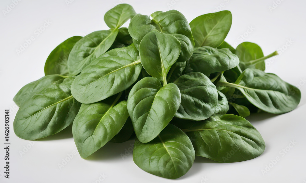 A close-up view of a pile of fresh spinach leaves on a white surface, ideal for food or health-related contexts A close-up view of a pile of fresh spinach leaves on a white surface, ideal for food or health-related contexts