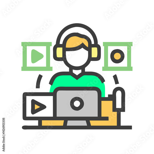 Content Creator Streamer Live Broadcasting Icon with Headset