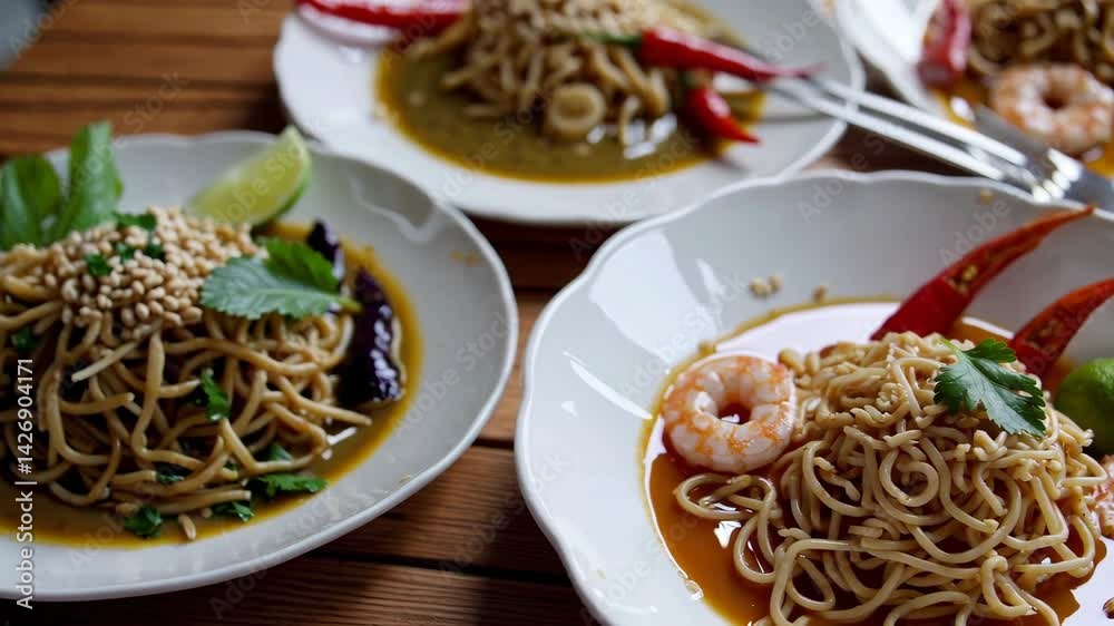 Exquisite Thai Dish Display with Shrimp, Noodles, and Spices Exquisite Thai Dish Display with Shrimp, Noodles, and Spices