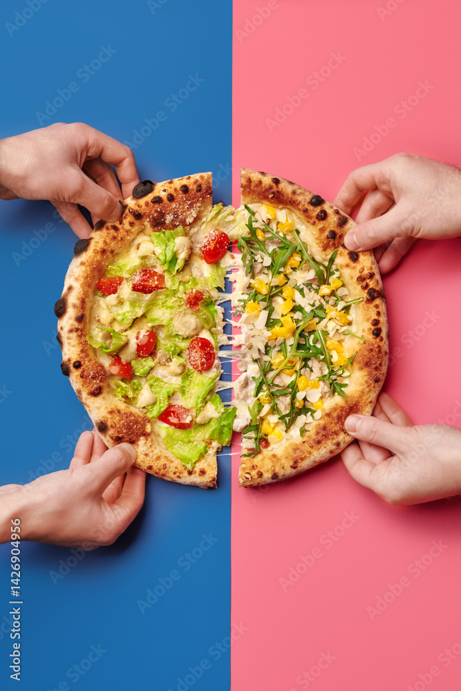 Hands taking slices of pizza with different toppings on colorful background