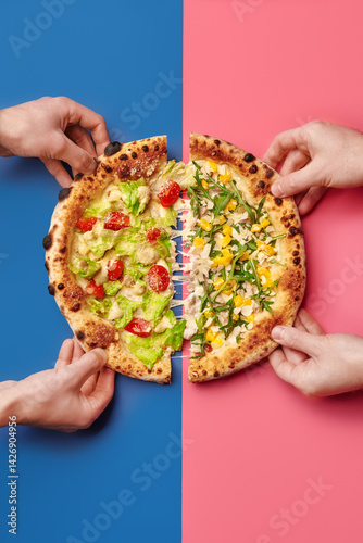 Obraz na płótnie Hands taking slices of pizza with different toppings on colorful background w salonie