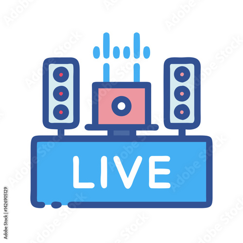 Live stream event with sound equipment, icon style