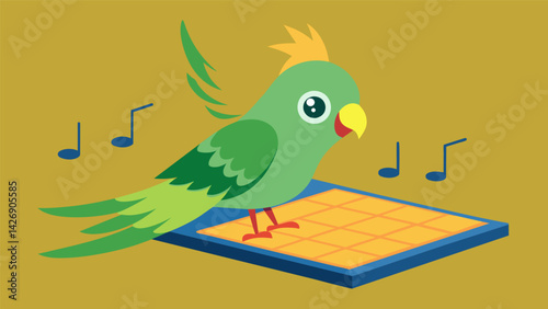 A cheeky parakeet hops from one musical tile to another on the pet training mat learning how to mimic and perform simple melodies.. Vector illustration