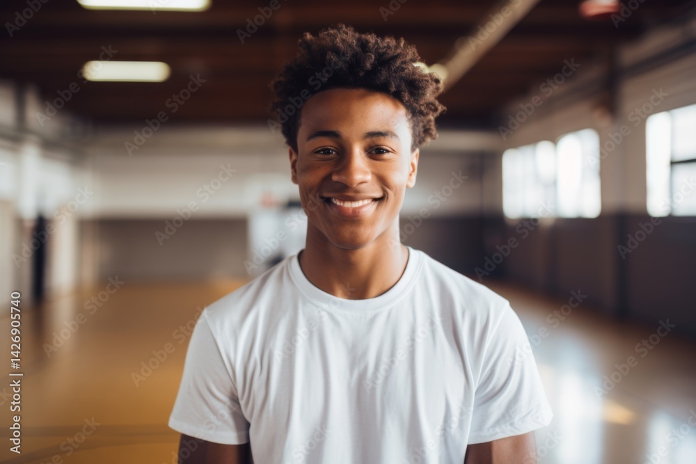 Fototapeta premium Smiling portrait of a teenage male African American basketball player wearing a white t shirt in an indoor basketball gym