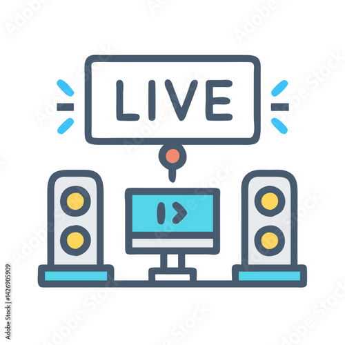 Live streaming setup with screen, speakers, and signage