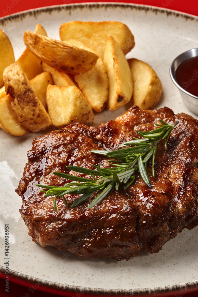 Grilled steak with rosemary and roasted potato wedges served on a plate