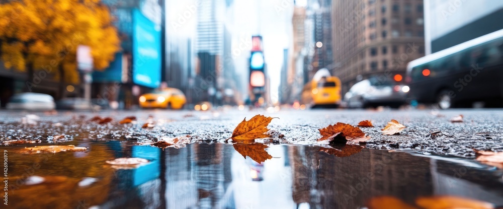 Autumn leaves reflecting on puddle in busy street scene Autumn leaves reflecting on puddle in busy street scene