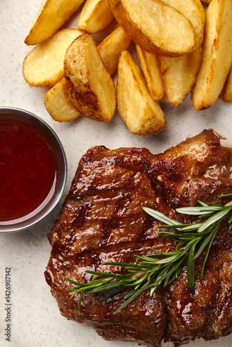 Grilled steak with potato wedges and red wine sauce, overhead view