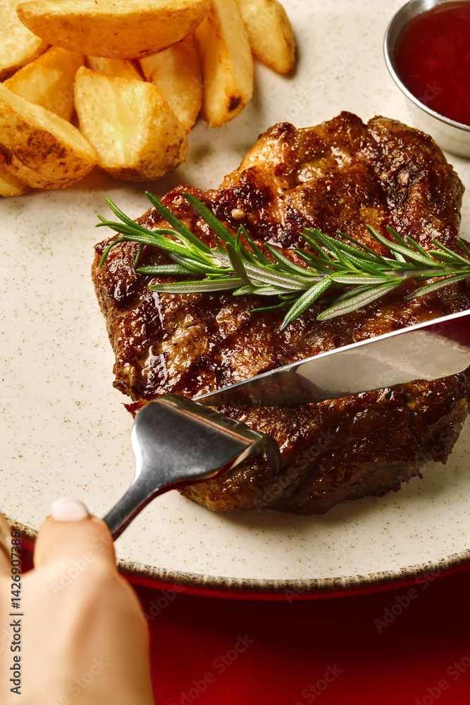 Slicing grilled steak with rosemary and potato wedges on red background