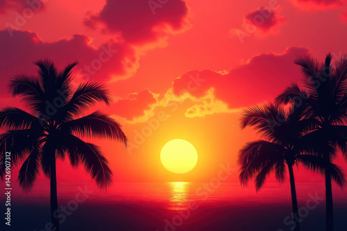 Bold Tropical Sunset: Intense Orange & Pink Sky, Glowing Sun, Palm Tree Silhouettes Create Dramatic Contrast