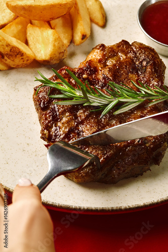 Slicing grilled steak with rosemary and potato wedges on red background