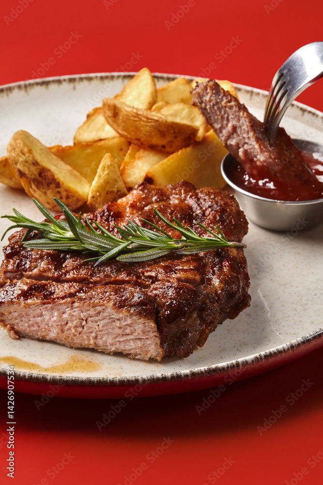 Sizzling grilled steak with roasted potatoes and rosemary on red background