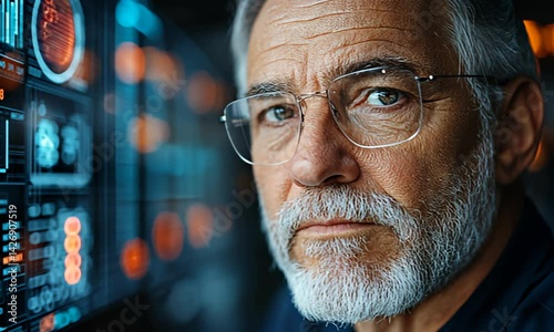 Gray-haired man with glasses in front of futuristic screen, looking thoughtful