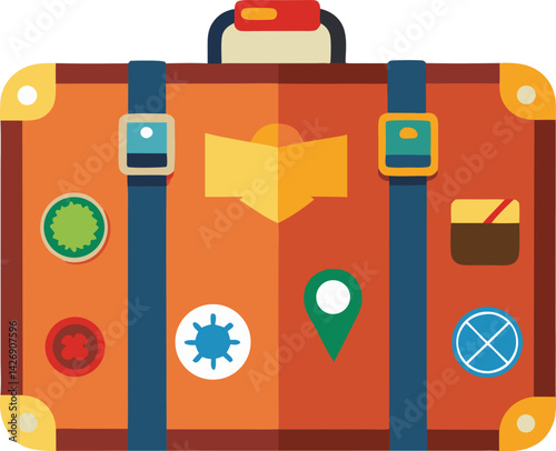 Colorful Vintage Suitcase with Travel Stickers and Licensing Details