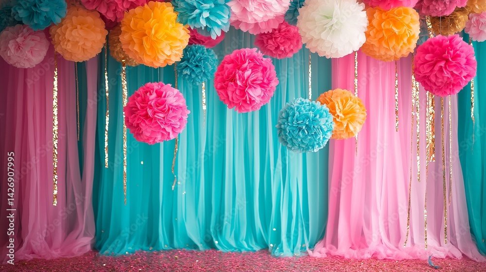 birthday party with balloons, cake and sweets for children