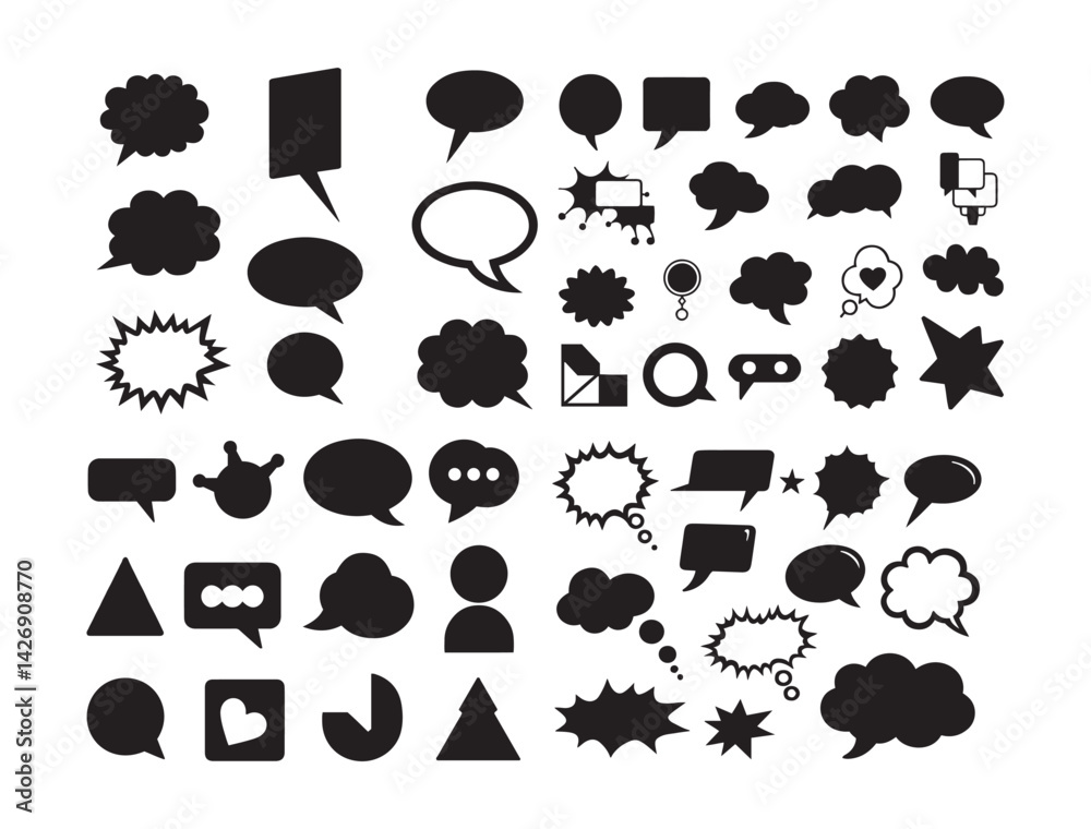 Obraz premium Speech Bubbles & Thought Clouds – Vector Icons, Comic Style Dialogue Balloons – Black Silhouettes, Communication Icons