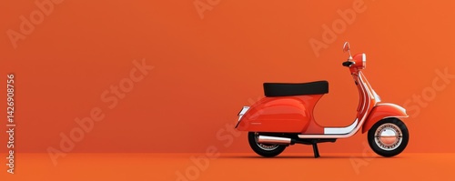 A vibrant red scooter stands against a bold orange backdrop, showcasing a stylish and classic design.