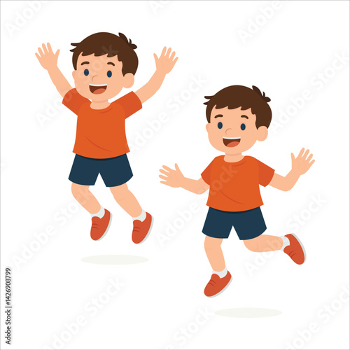 Happy cartoon boy jumping and running, playful active kid isolated on white background. Body parts are movable. It's easy to change poses and animate the character.  Part of set.