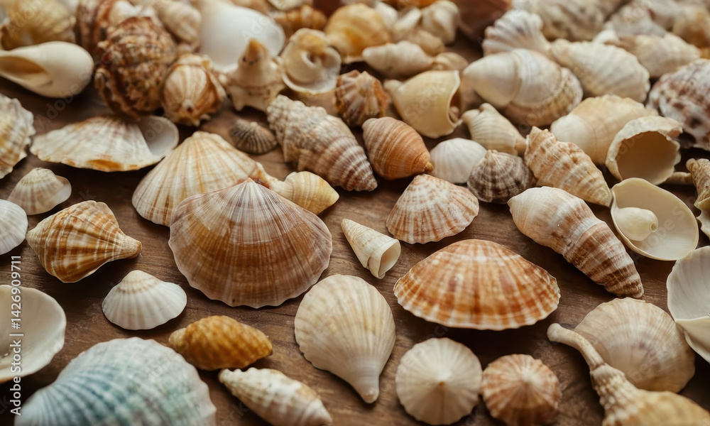 A colorful arrangement of various seashells on a tabletop A colorful arrangement of various seashells on a tabletop