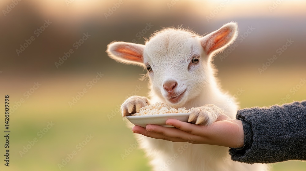 Fototapeta premium Baby goat eats from plate in hand animal portrait soft focus