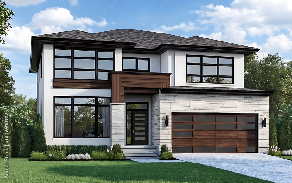 Modern house with two floors, white walls and brown wood accents, large windows on the first floor overlooking green grass in front of it, garage door on one side. 