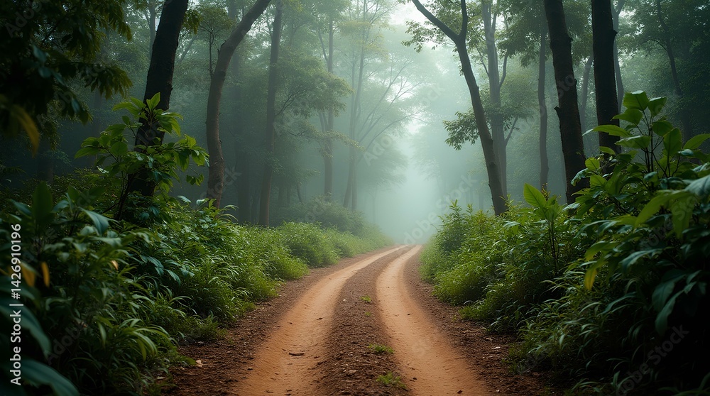 Obraz premium Bhadra Tiger Reserve's dirt path, jungle safari, double exposure image. Forest footpath or pathway in wildlife nature. India tropical road way