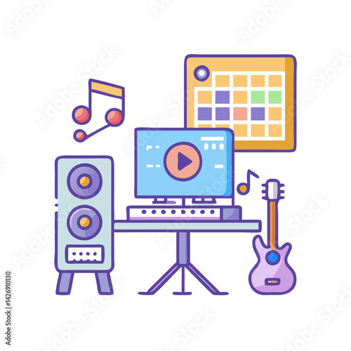 Music Production Setup with Computer, Guitar, Speaker, Notes