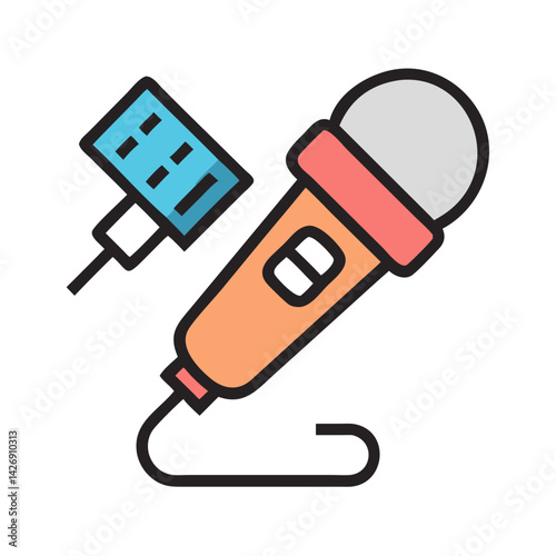 Microphone with Data Connection Line Art Illustration